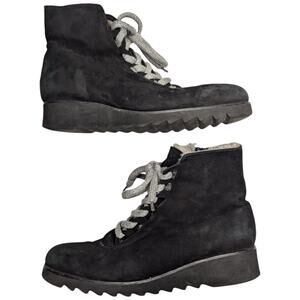 Ron White Black Suede Faux Fur Lined Lace-Up Low Wedge Winter Ankle Boots 10